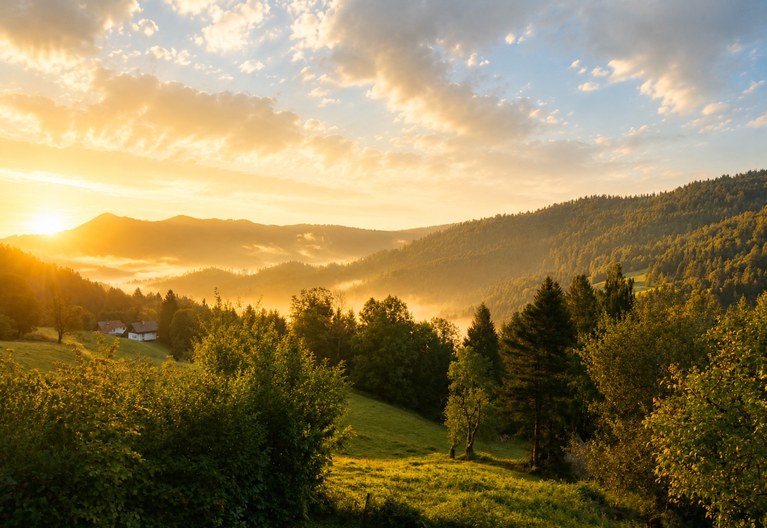 Sončni vzhod nad hribi in gozdovi Selške doline